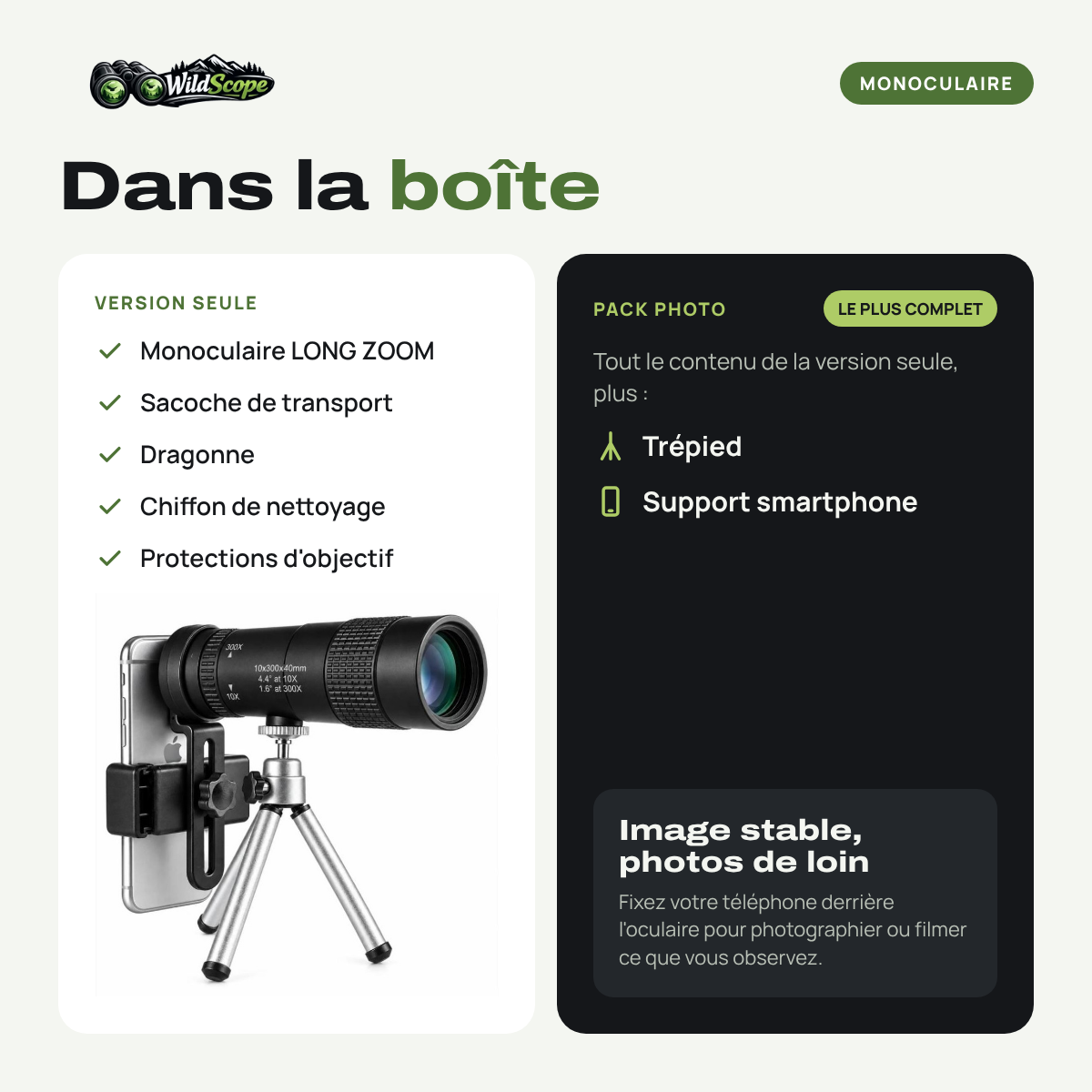 Contenu de la boîte du monoculaire LONG ZOOM