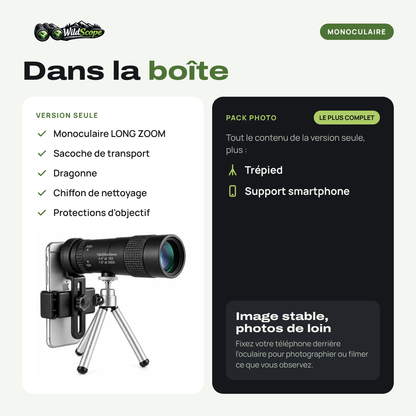 Contenu de la boîte du monoculaire LONG ZOOM