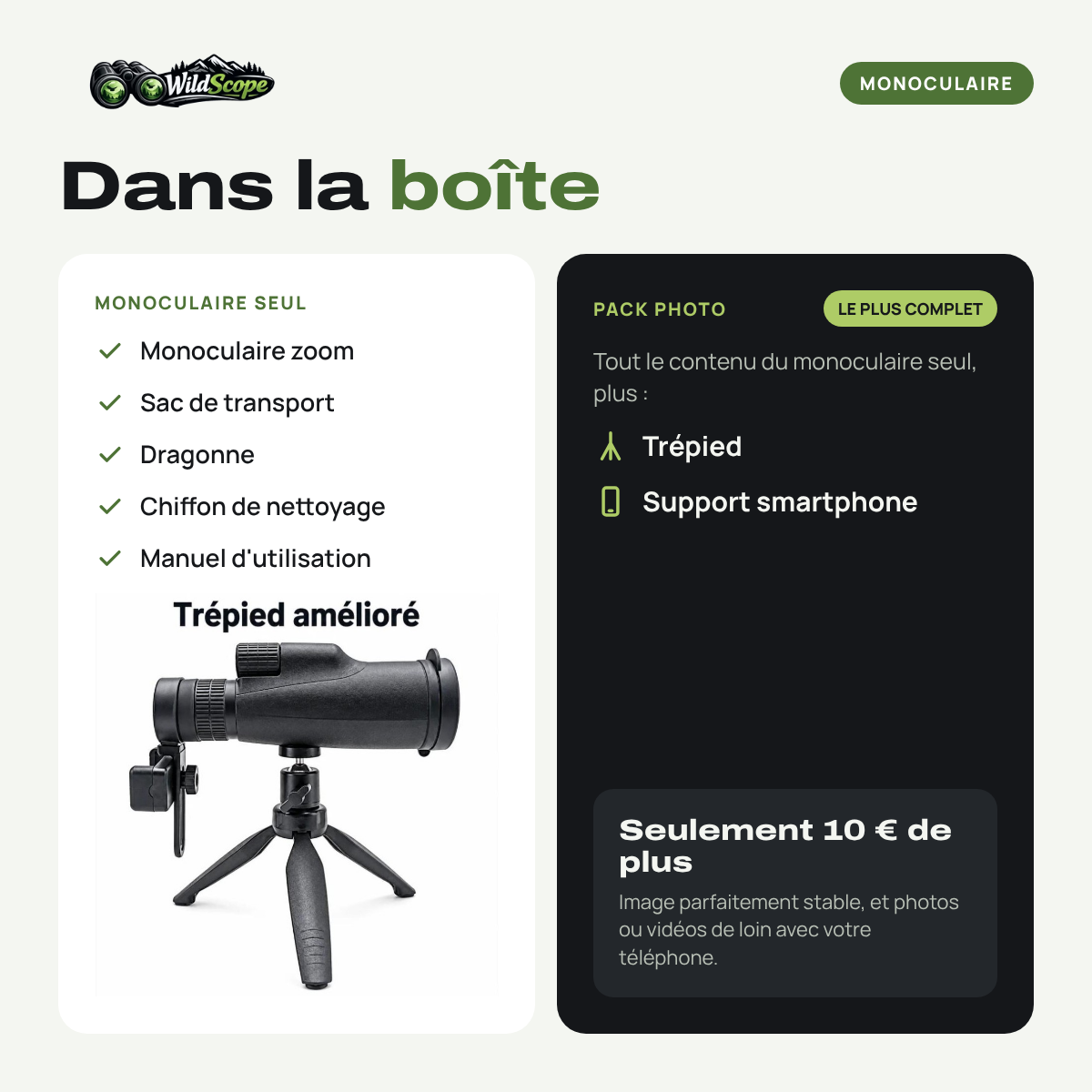 Contenu de la boîte du monoculaire 10-30x50