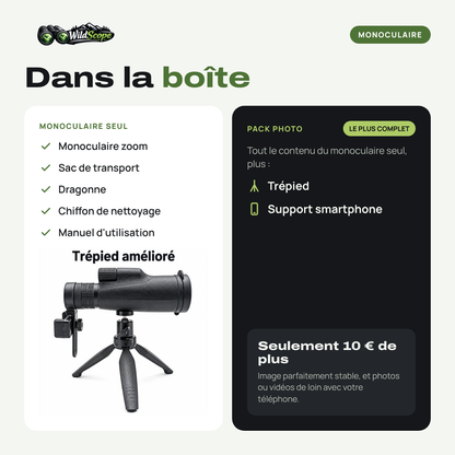 Contenu de la boîte du monoculaire 10-30x50