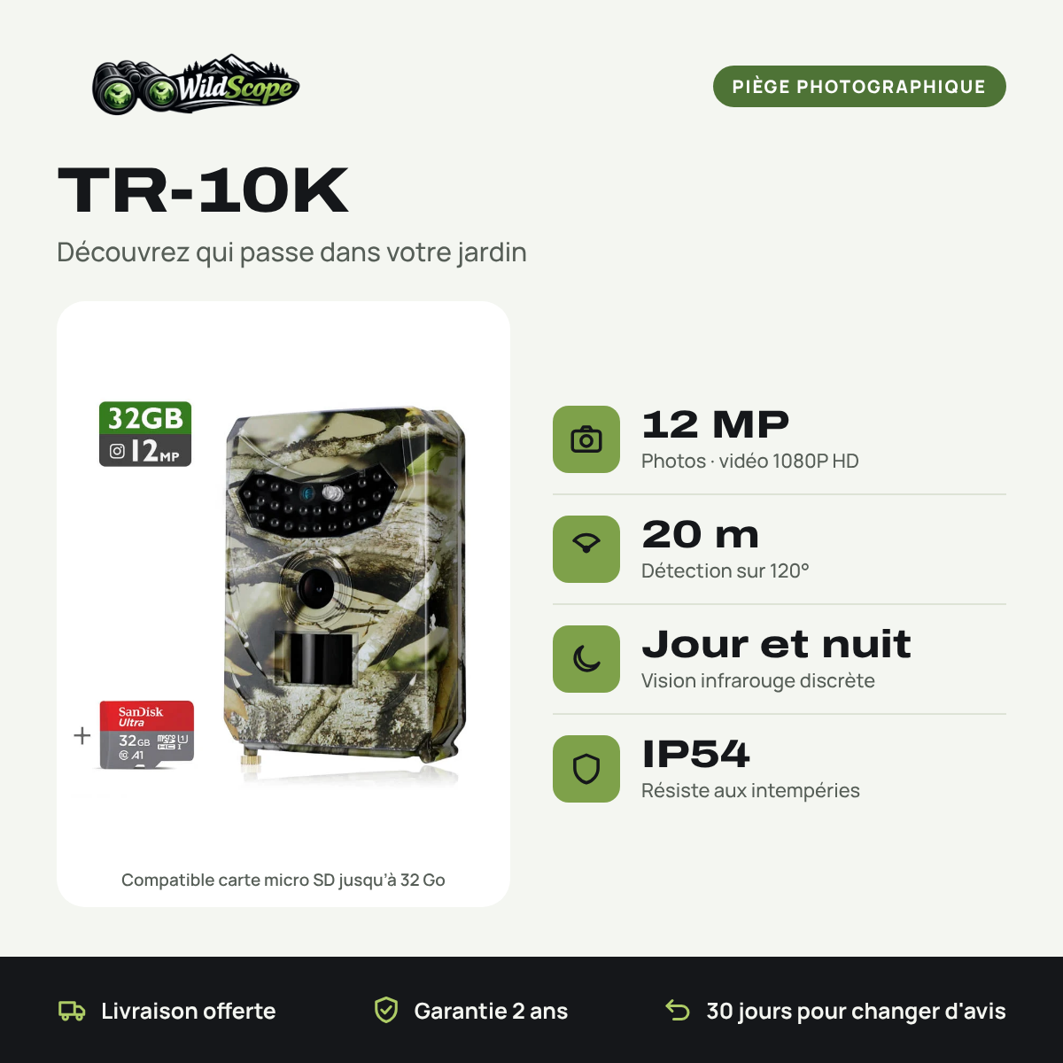 Piège photographique TR-10K : 12 MP, détection 20 m sur 120°, vision de nuit, IP54