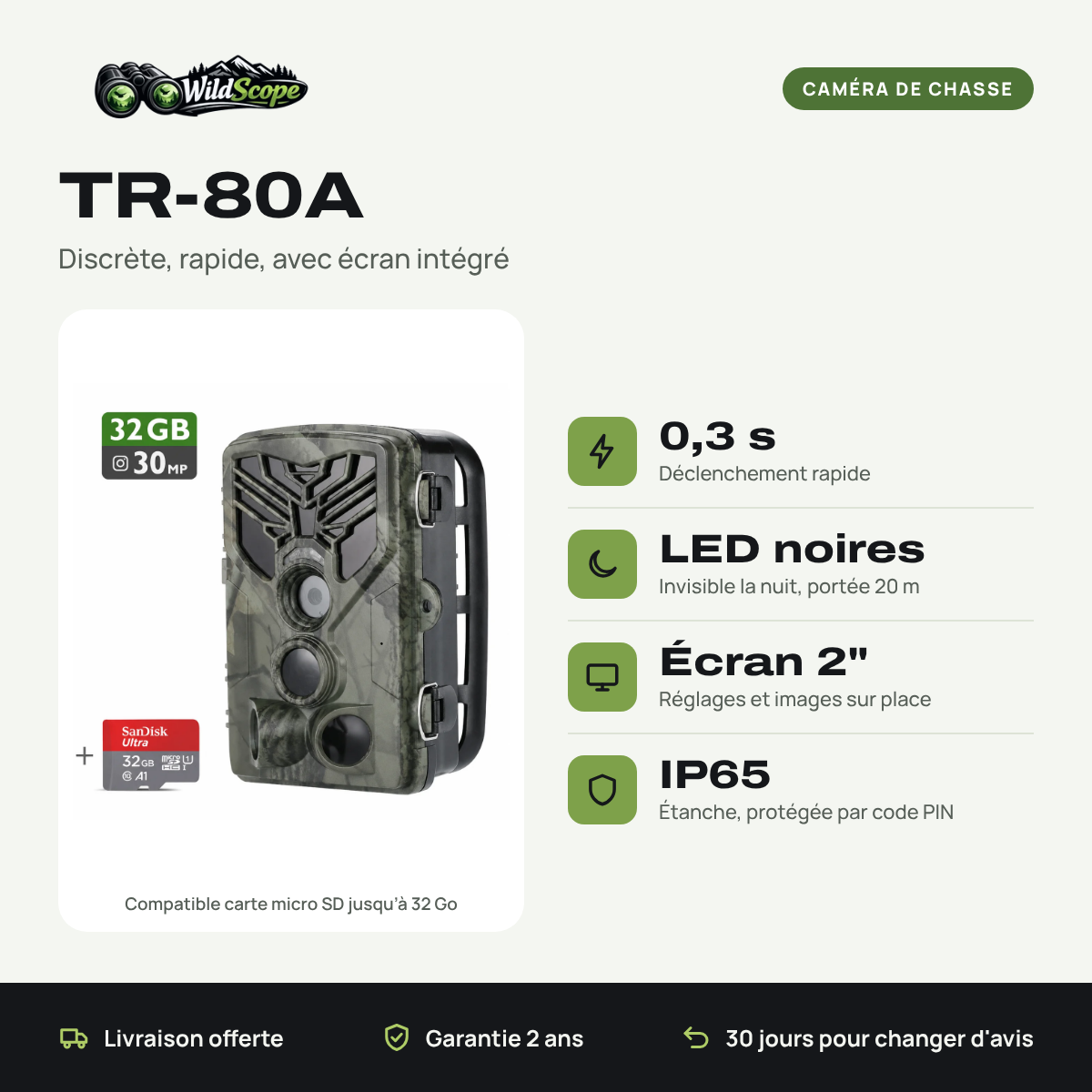 Caméra de chasse TR-80A infrarouge invisible : avantages