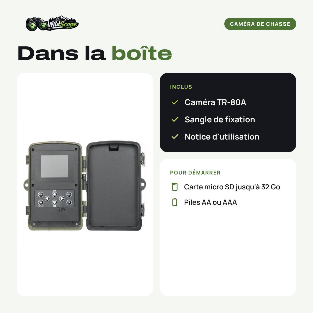 Contenu de la boîte de la caméra de chasse TR-80A