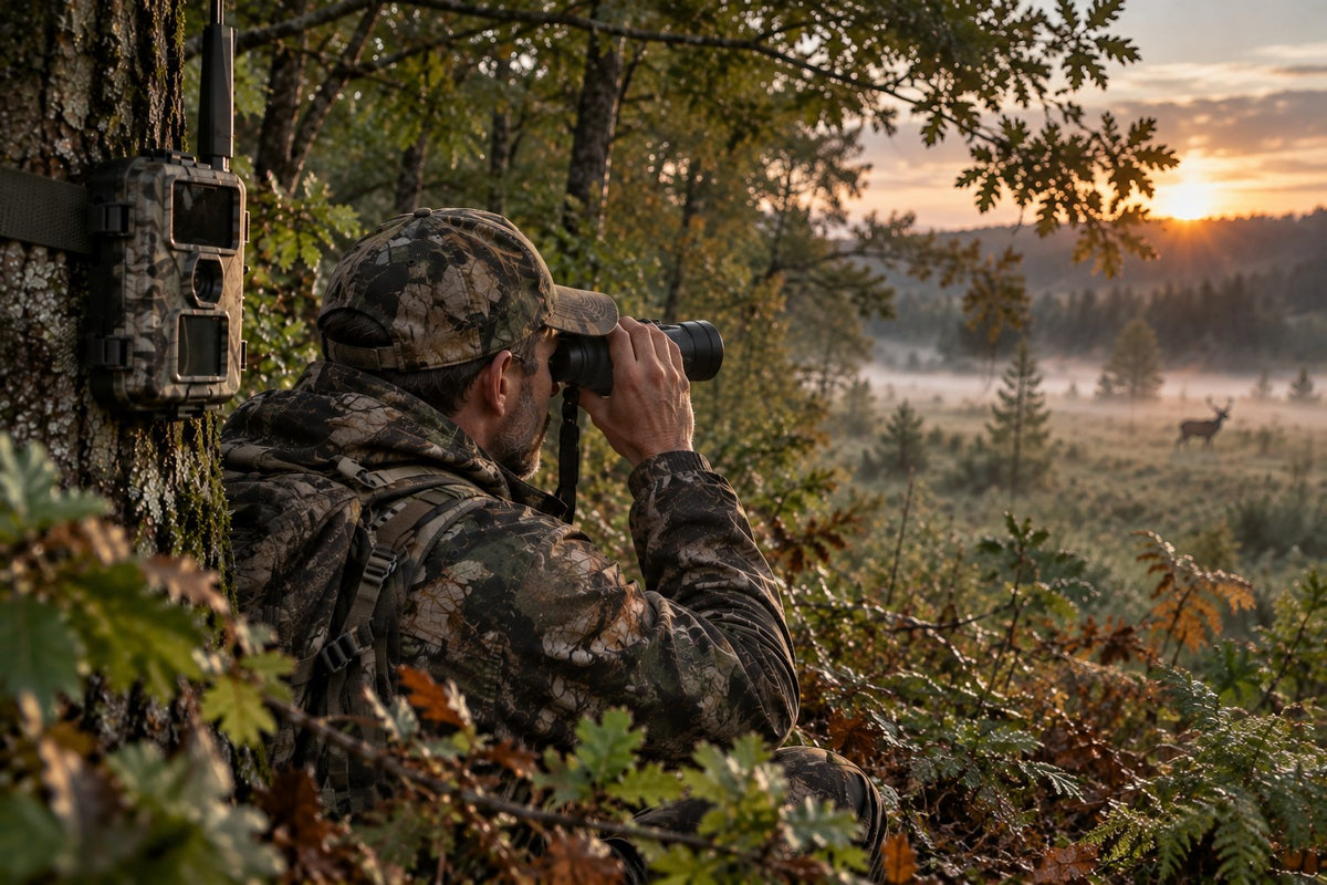 Chasseur observant un cerf aux jumelles, caméra de chasse fixée à un arbre