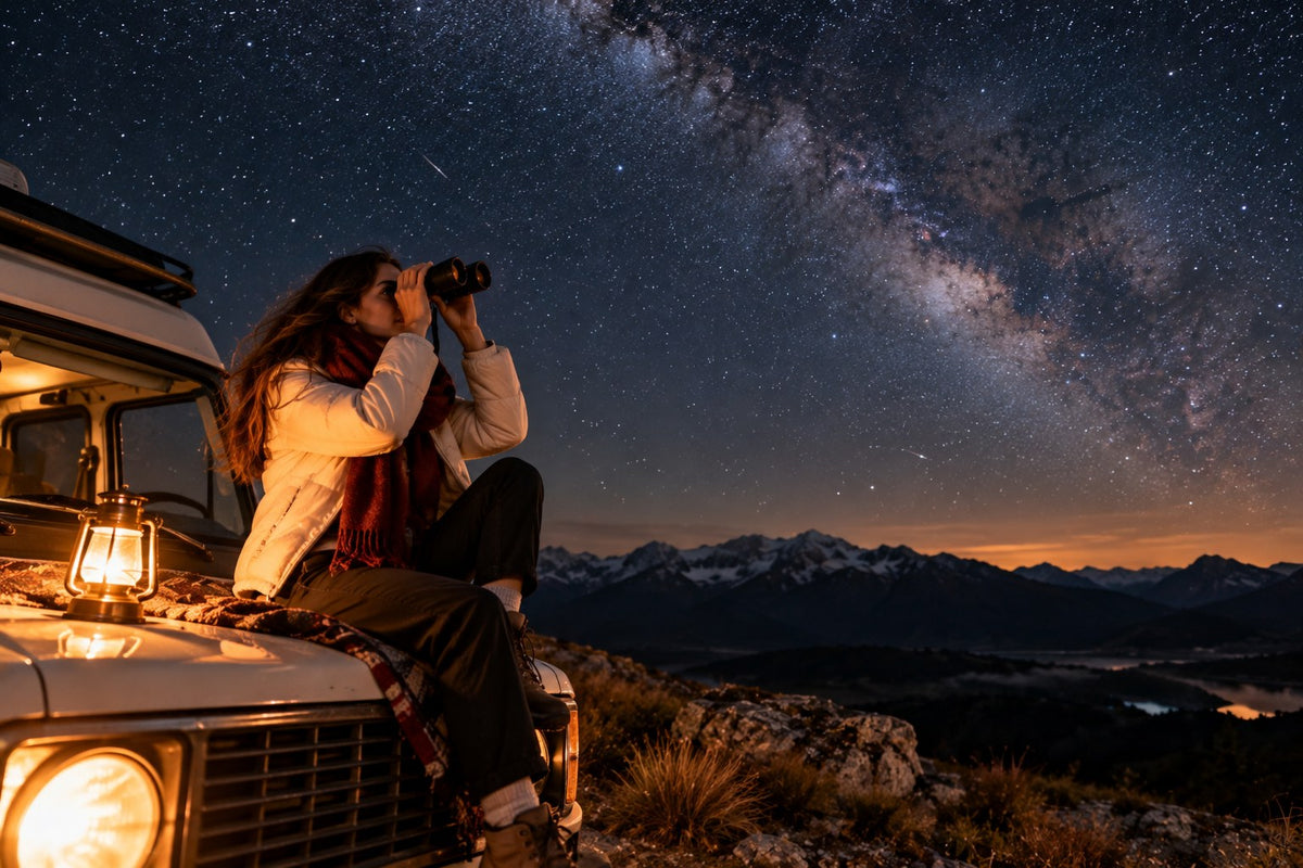 Femme observant la Voie lactée aux jumelles, assise sur le capot d'un van en montagne